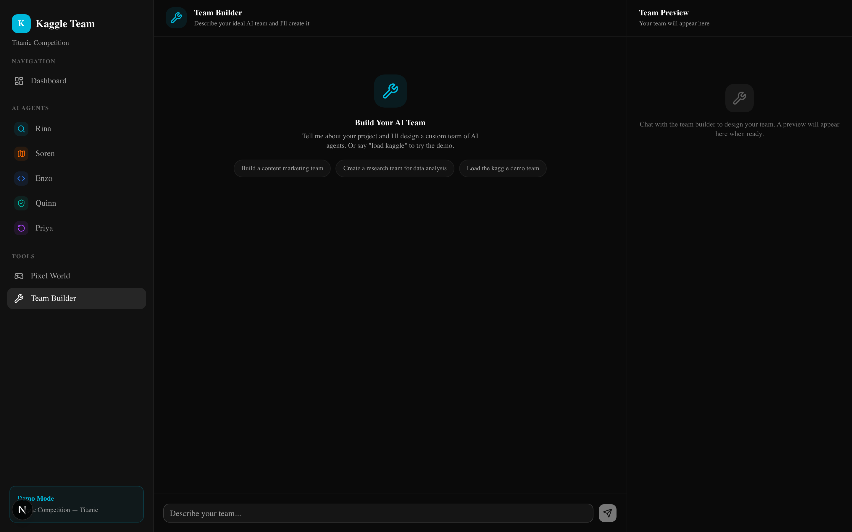 AI Team Builder interface showing generated specialist agents