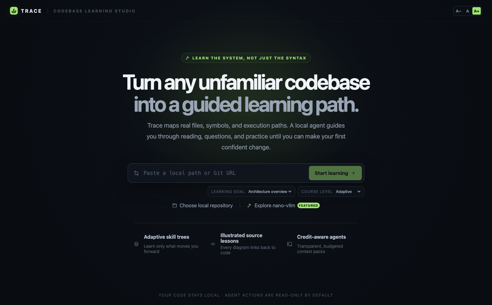 Trace welcome screen for starting a codebase learning path