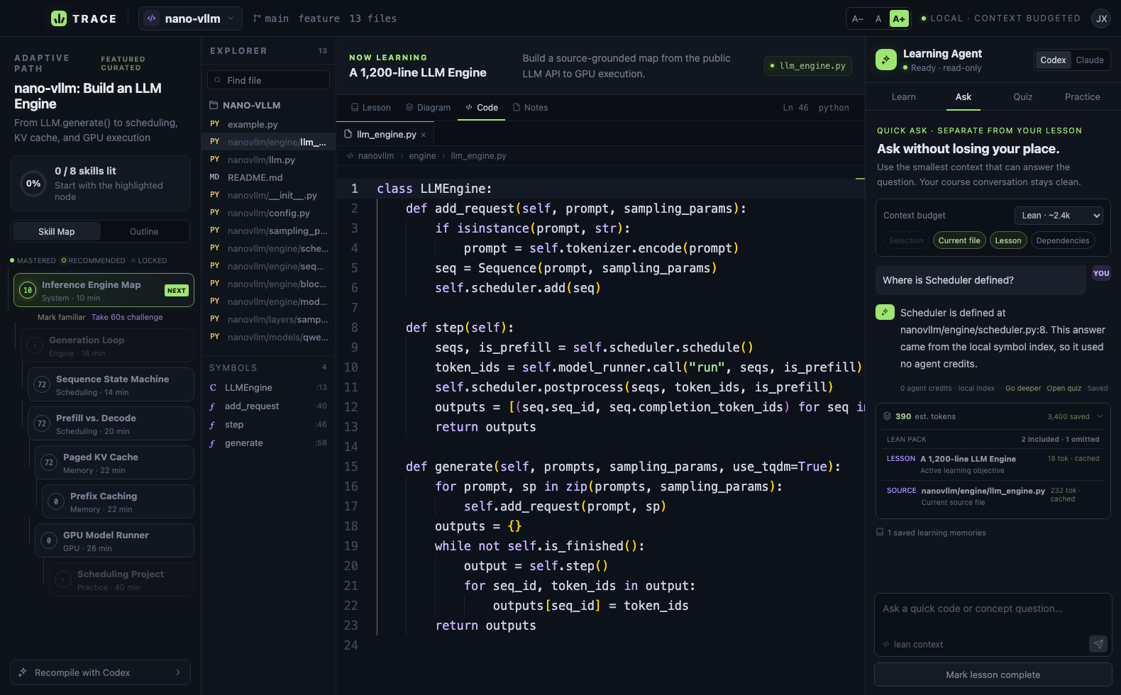 Trace code workspace with a transparent context-budget panel